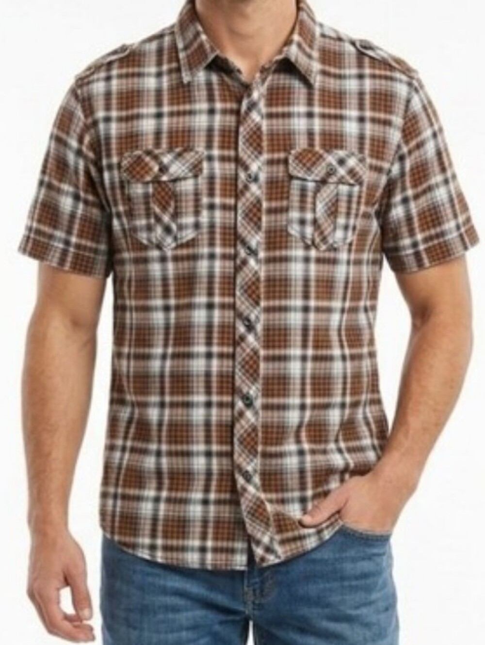Ocean Current Brown White Plaid Short Sleeve Button Down Shirt Size L Cotton